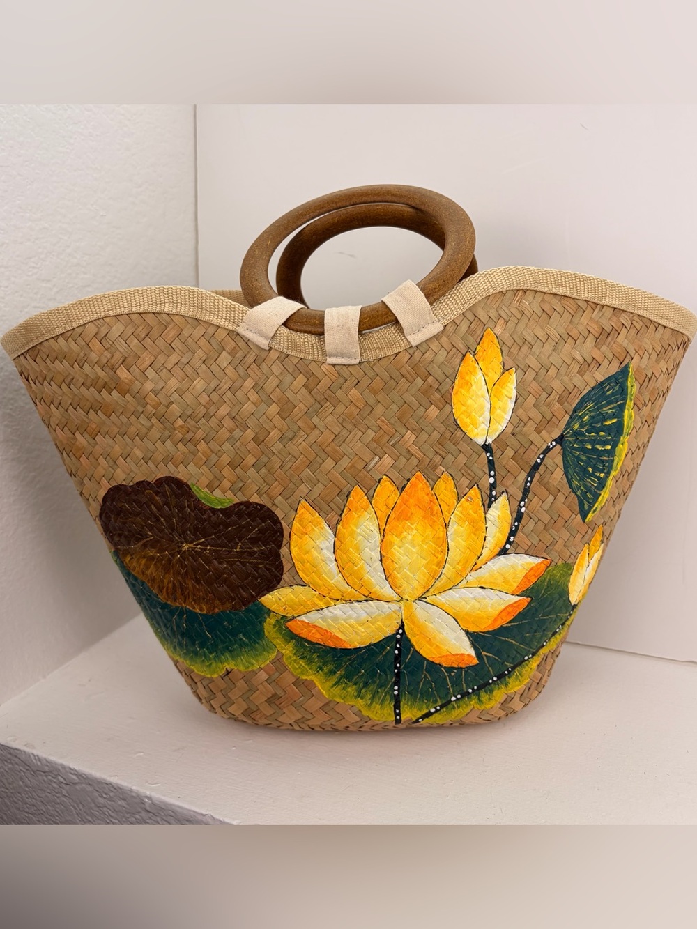Hand-painted Yellow Lotus Straw Tote Bag